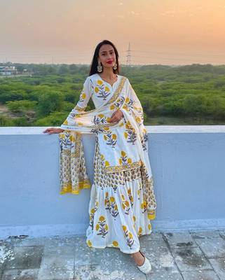 White Cotton Printed Short Kurta With Palazzo & Dupatta Set For Women 2