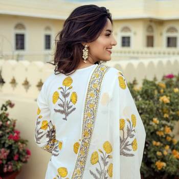 White Cotton Printed Short Kurta With Palazzo & Dupatta Set For Women 4