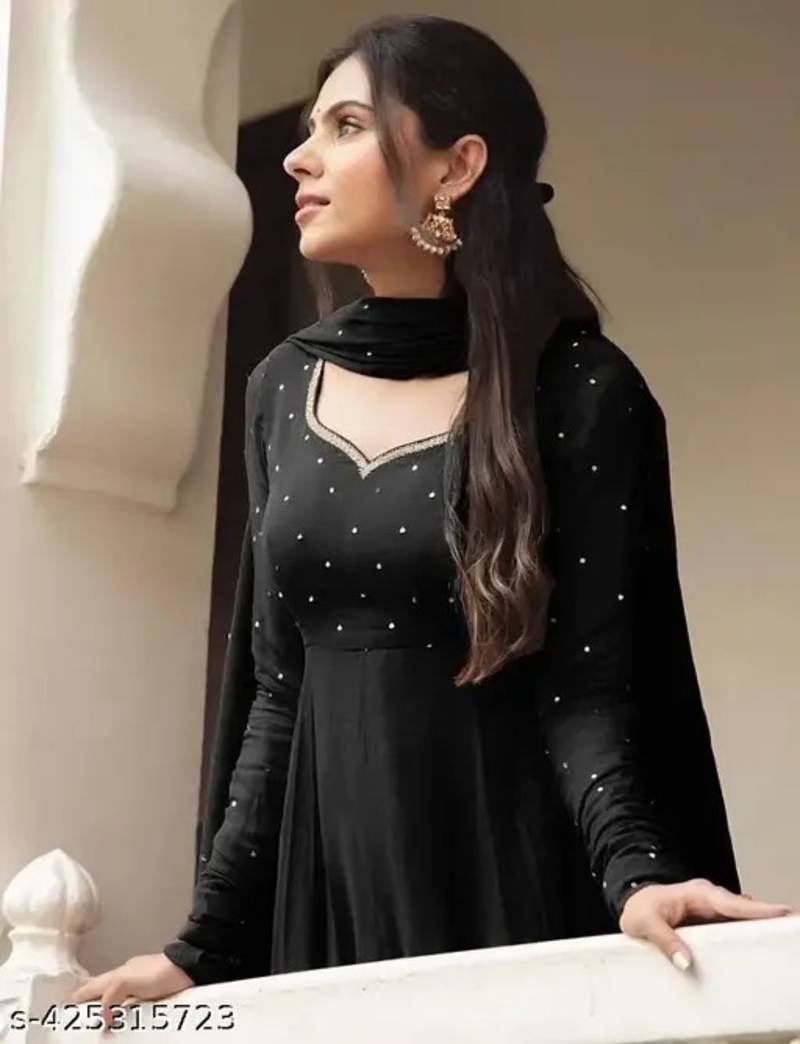 Black stone work full flared anarkali with dupatta
