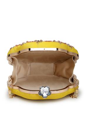 adorn lemon yellow, pearl & pink floral embellished faux silk clutch 7