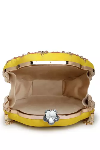 adorn lemon yellow, pearl & pink floral embellished faux silk clutch