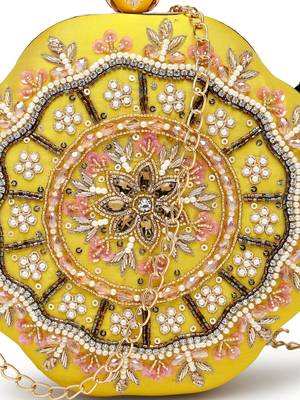 adorn lemon yellow, pearl & pink floral embellished faux silk clutch 8