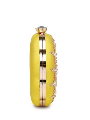 adorn lemon yellow, pearl & pink floral embellished faux silk clutch 10