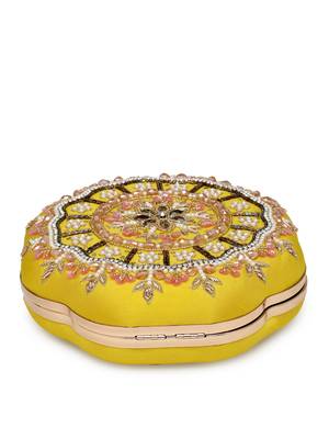 adorn lemon yellow, pearl & pink floral embellished faux silk clutch 11