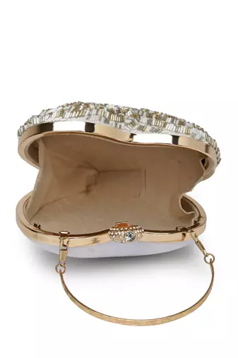 amour white & champagne heart shaped floral embellished faux silk clutch