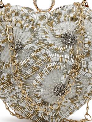 amour white & champagne heart shaped floral embellished faux silk clutch 8