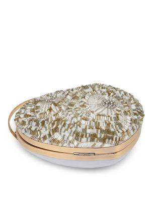 amour white & champagne heart shaped floral embellished faux silk clutch 11