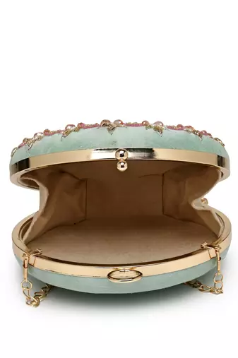 adorn sage & multi floral embellished faux silk clutch