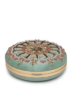 adorn sage & multi floral embellished faux silk clutch 10