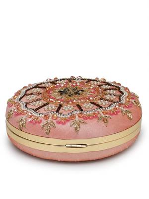 adorn dusty coral & multi floral embellished faux silk clutch 10