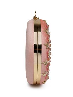 adorn dusty coral & multi floral embellished faux silk clutch 11