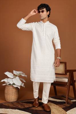 White golden glitter embroidery daman design silk kurta pajama 1