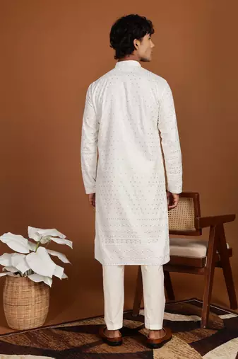 White golden glitter embroidery daman design silk kurta pajama