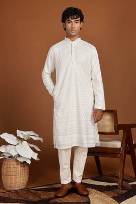 White golden glitter embroidery daman design silk kurta pajama 3