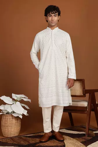 White golden glitter embroidery daman design silk kurta pajama