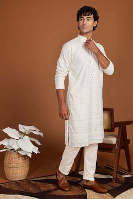 White golden glitter embroidery daman design silk kurta pajama 4