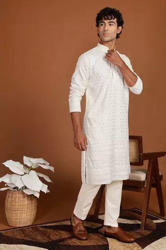 White golden glitter embroidery daman design silk kurta pajama