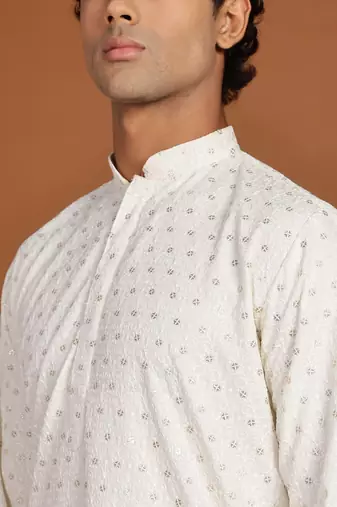 White golden glitter embroidery daman design silk kurta pajama
