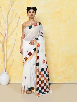 White exclusive applique saree without blouse piece  1