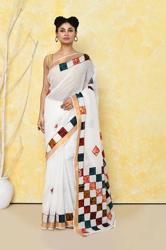 White exclusive applique saree without blouse piece 