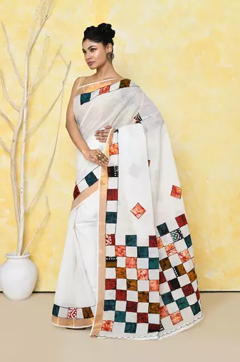 White exclusive applique saree without blouse piece 