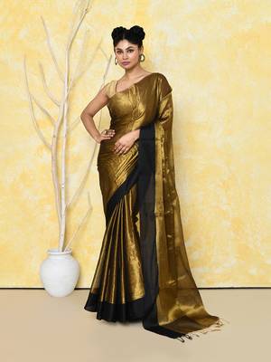 gold organic tissue saree with blouse piece 1