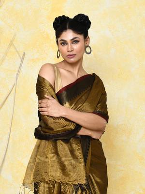 gold organic tissue saree with blouse piece 3