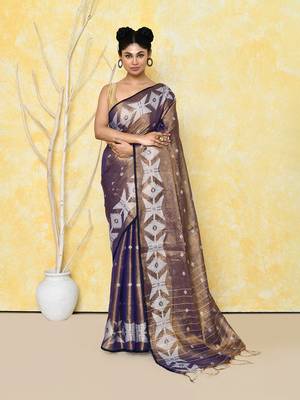 gold blue dual tone organic tissue jamdani saree with blouse piece 1