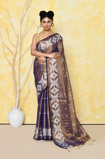 gold blue dual tone organic tissue jamdani saree with blouse piece