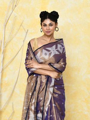 gold blue dual tone organic tissue jamdani saree with blouse piece 2