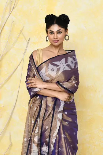 gold blue dual tone organic tissue jamdani saree with blouse piece
