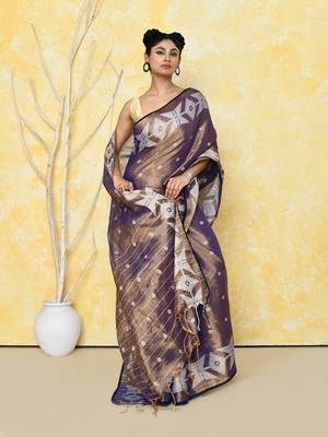 gold blue dual tone organic tissue jamdani saree with blouse piece 3
