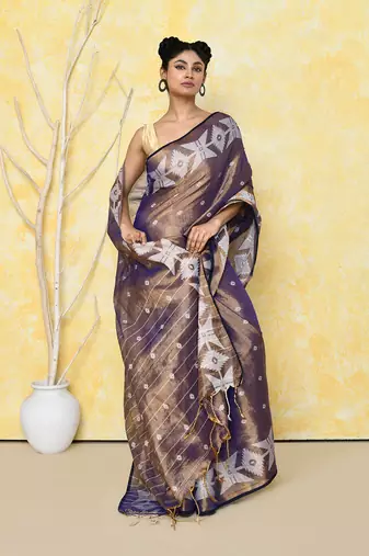 gold blue dual tone organic tissue jamdani saree with blouse piece