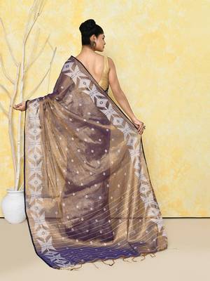 gold blue dual tone organic tissue jamdani saree with blouse piece 4