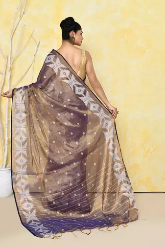 gold blue dual tone organic tissue jamdani saree with blouse piece
