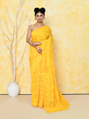 yellow cotton silk jamdani saree without blouse 1