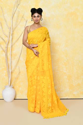 yellow cotton silk jamdani saree without blouse