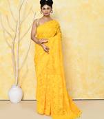 yellow cotton silk jamdani saree without blouse