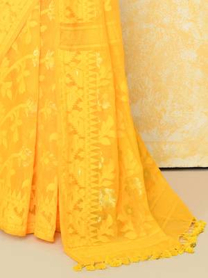 yellow cotton silk jamdani saree without blouse 2