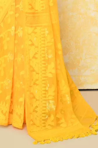 yellow cotton silk jamdani saree without blouse