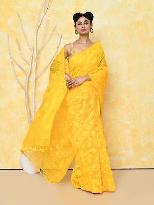 yellow cotton silk jamdani saree without blouse 3