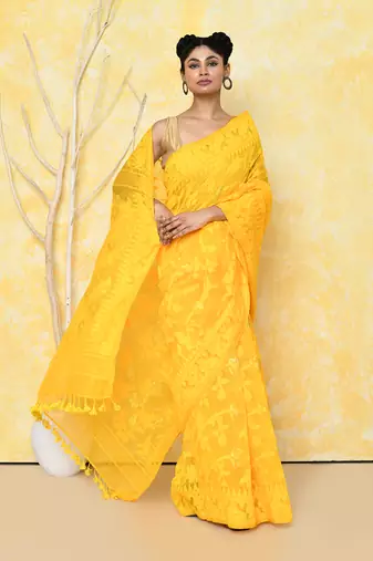 yellow cotton silk jamdani saree without blouse
