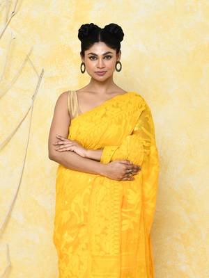 yellow cotton silk jamdani saree without blouse 4