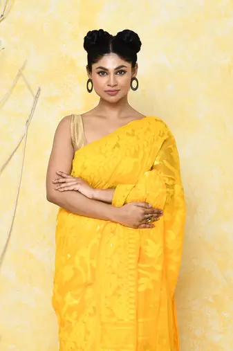 yellow cotton silk jamdani saree without blouse