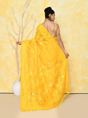 yellow cotton silk jamdani saree without blouse 5