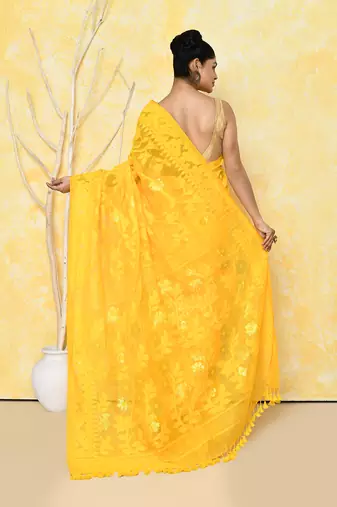 yellow cotton silk jamdani saree without blouse