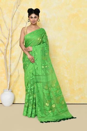 green cotton silk jamdani saree without blouse