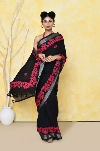 black exclusive applique saree with blouse piece