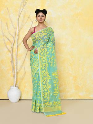 light turquoise cotton silk jamdani saree without blouse 1