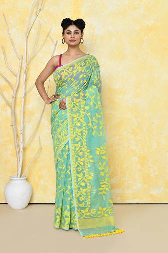 light turquoise cotton silk jamdani saree without blouse
